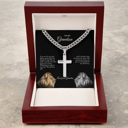 o My Grandson | You Are The Joy That Lights Up My Life | Cuban Link Chain with Artisan Cross