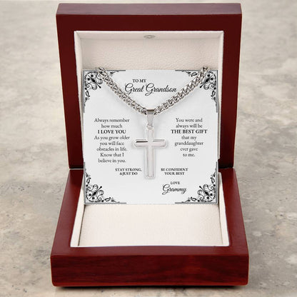 To My Great Grandson | Always Remember How Much I Love You | Cuban Link Chain with Artisan Cross