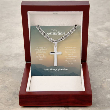 o My Grandson | So Loving, So Giving. A Heart of Gold | Cuban Link Chain with Artisan Cross