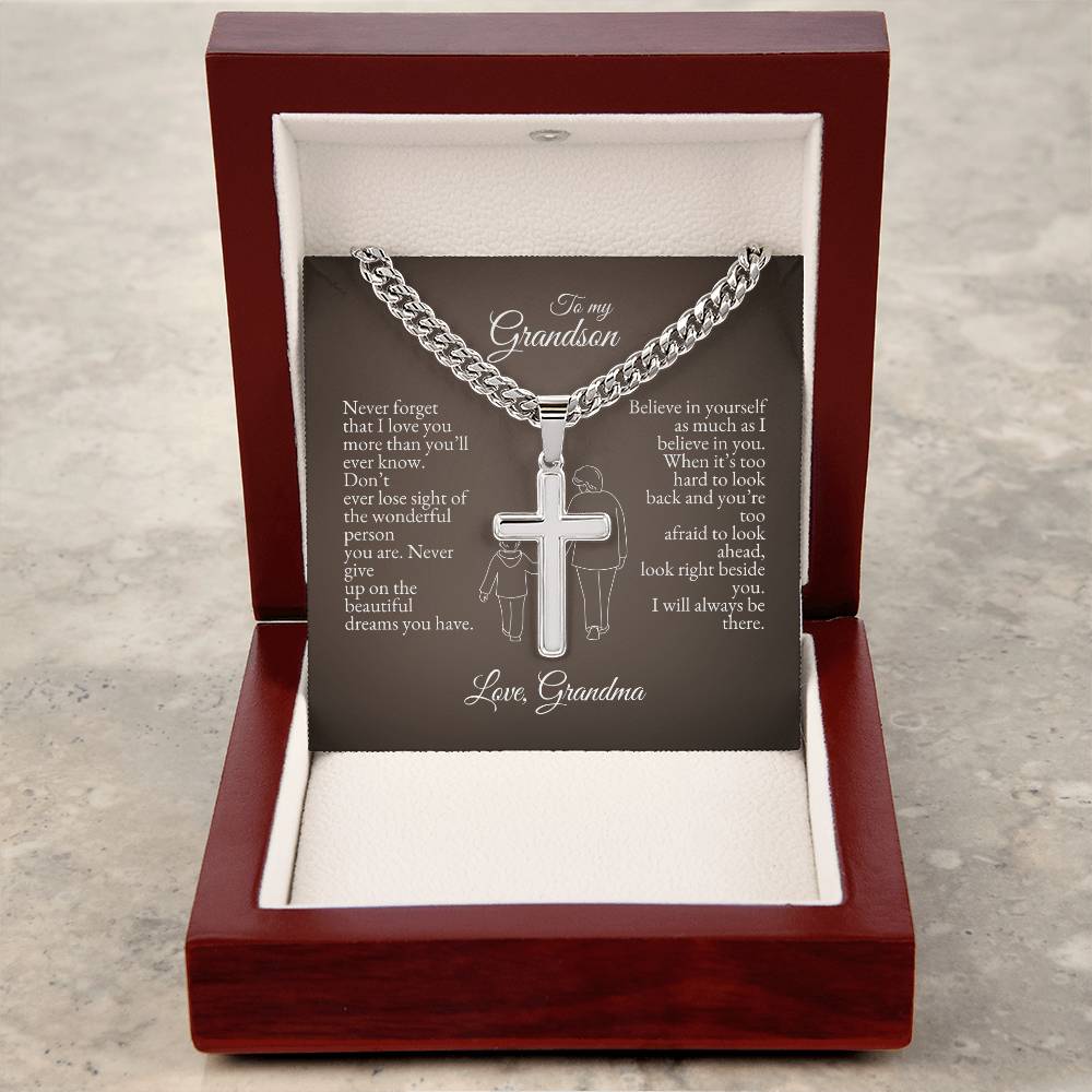o My Grandson | Never Forget That I Love You | Cuban Link Chain with Artisan Cross