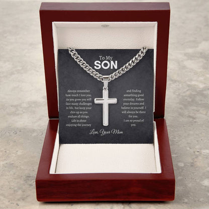 To My Son | Always Remember | Cuban Chain with Artisan Cross Necklace