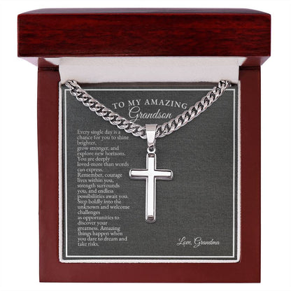 To My Grandson | Every Single Day Is A Chance For You To Shine Brighter | Cuban Link Chain with Artisan Cross