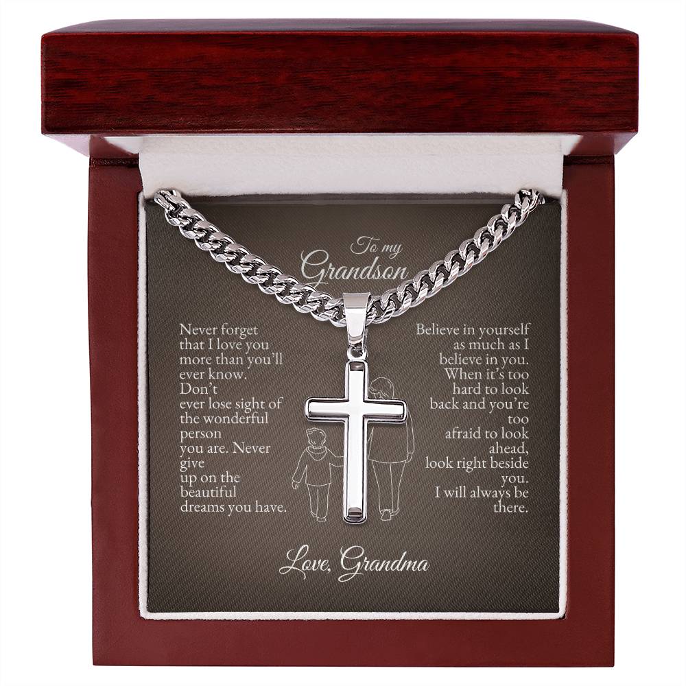 o My Grandson | Never Forget That I Love You | Cuban Link Chain with Artisan Cross