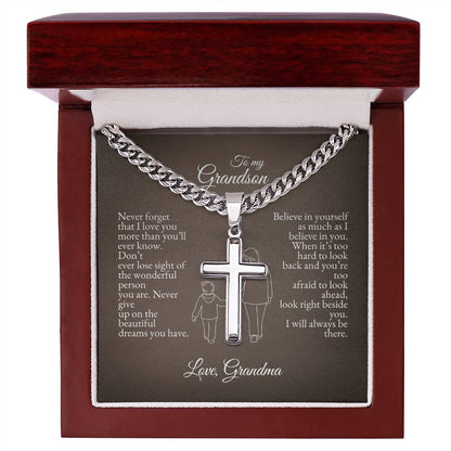 o My Grandson | Never Forget That I Love You | Cuban Link Chain with Artisan Cross