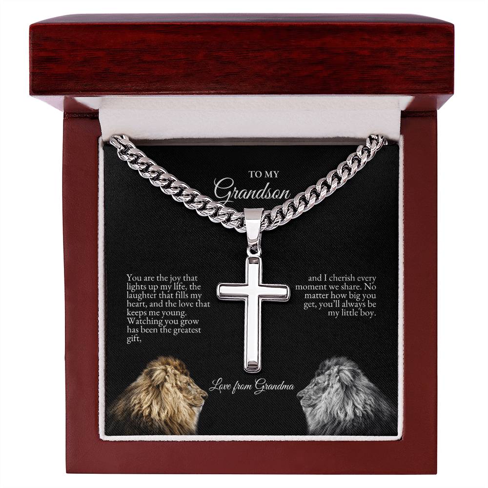 o My Grandson | You Are The Joy That Lights Up My Life | Cuban Link Chain with Artisan Cross