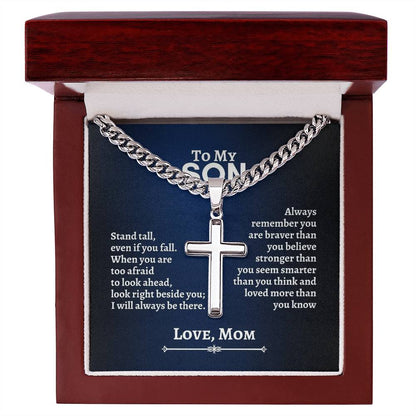 To My Son | Stand Tall Even If you Fall | Cuban Chain with Artisan Cross Necklace