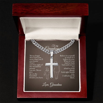 o My Grandson | Never Forget That I Love You | Cuban Link Chain with Artisan Cross