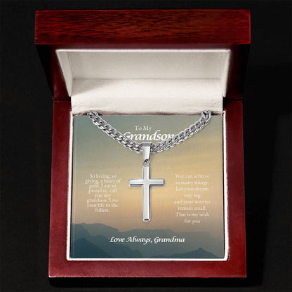 o My Grandson | So Loving, So Giving. A Heart of Gold | Cuban Link Chain with Artisan Cross