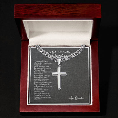 To My Grandson | Every Single Day Is A Chance For You To Shine Brighter | Cuban Link Chain with Artisan Cross