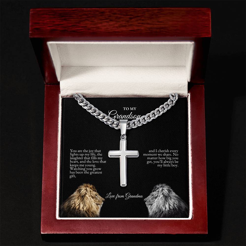 o My Grandson | You Are The Joy That Lights Up My Life | Cuban Link Chain with Artisan Cross