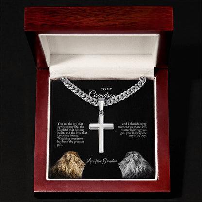 o My Grandson | You Are The Joy That Lights Up My Life | Cuban Link Chain with Artisan Cross